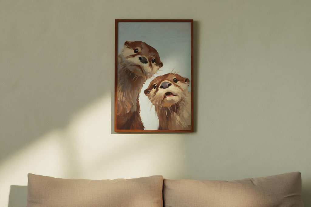 Whimsical Otter Nursery Art, Cute Animal Oil Painting, Woodland Coastal Wall Decor, Playful Kids Room Print, Peeking Otters Nature Gift