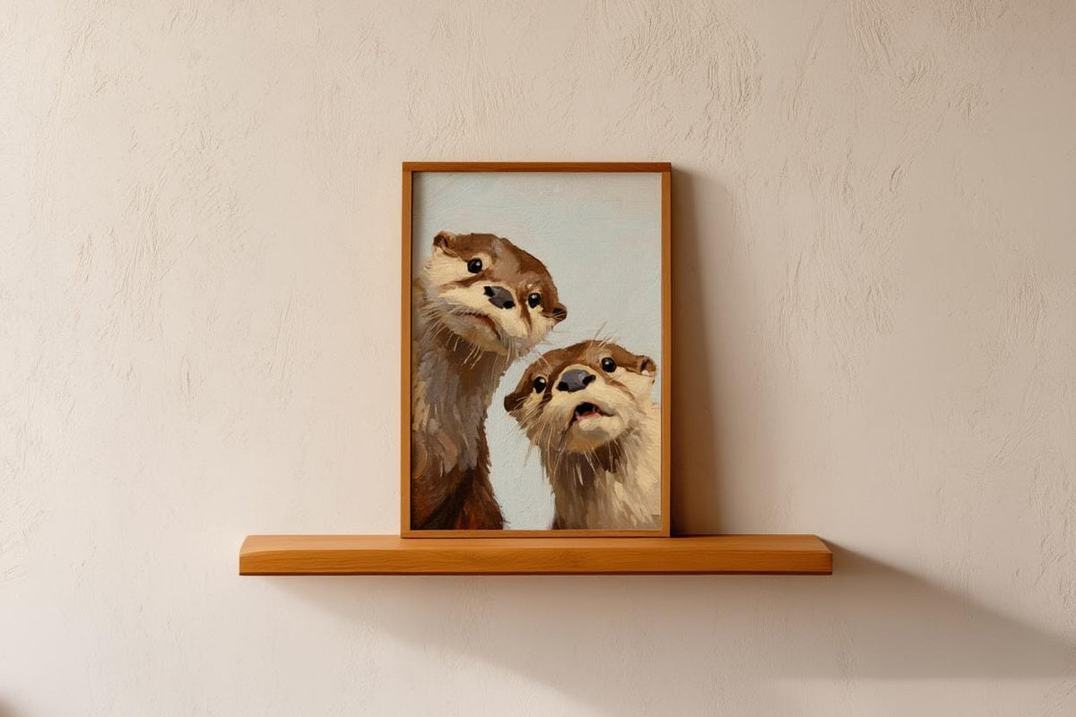 Whimsical Otter Nursery Art, Cute Animal Oil Painting, Woodland Coastal Wall Decor, Playful Kids Room Print, Peeking Otters Nature Gift