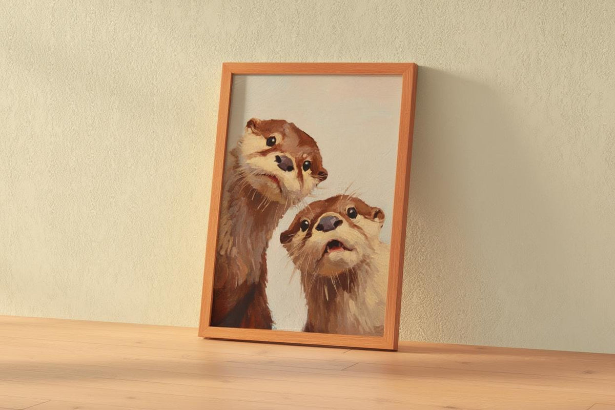 Whimsical Otter Nursery Art, Cute Animal Oil Painting, Woodland Coastal Wall Decor, Playful Kids Room Print, Peeking Otters Nature Gift