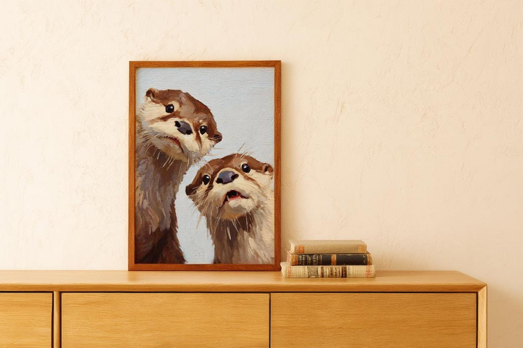 Whimsical Otter Nursery Art, Cute Animal Oil Painting, Woodland Coastal Wall Decor, Playful Kids Room Print, Peeking Otters Nature Gift