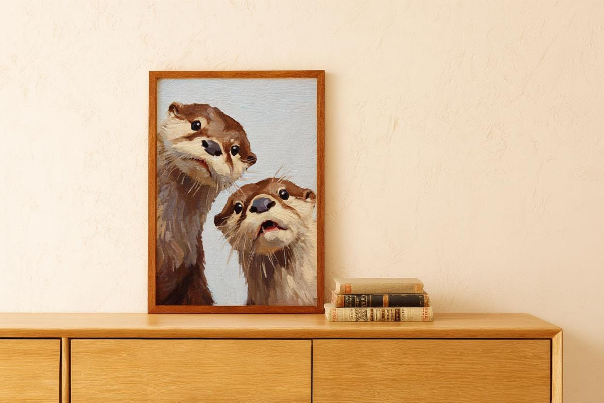 Whimsical Otter Nursery Art, Cute Animal Oil Painting, Woodland Coastal Wall Decor, Playful Kids Room Print, Peeking Otters Nature Gift