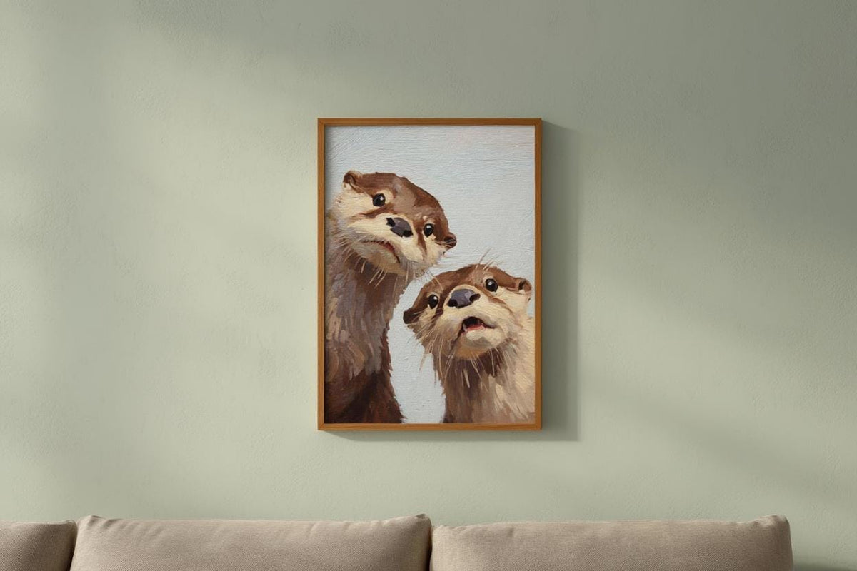 Whimsical Otter Nursery Art, Cute Animal Oil Painting, Woodland Coastal Wall Decor, Playful Kids Room Print, Peeking Otters Nature Gift
