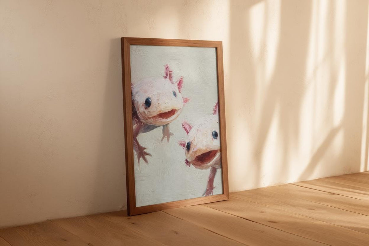 Whimsical Axolotl Oil Painting - Cute Axolotls Art Print - Pink Nursery Wall Art - Impressionist Peeking Animal Fine Art Poster