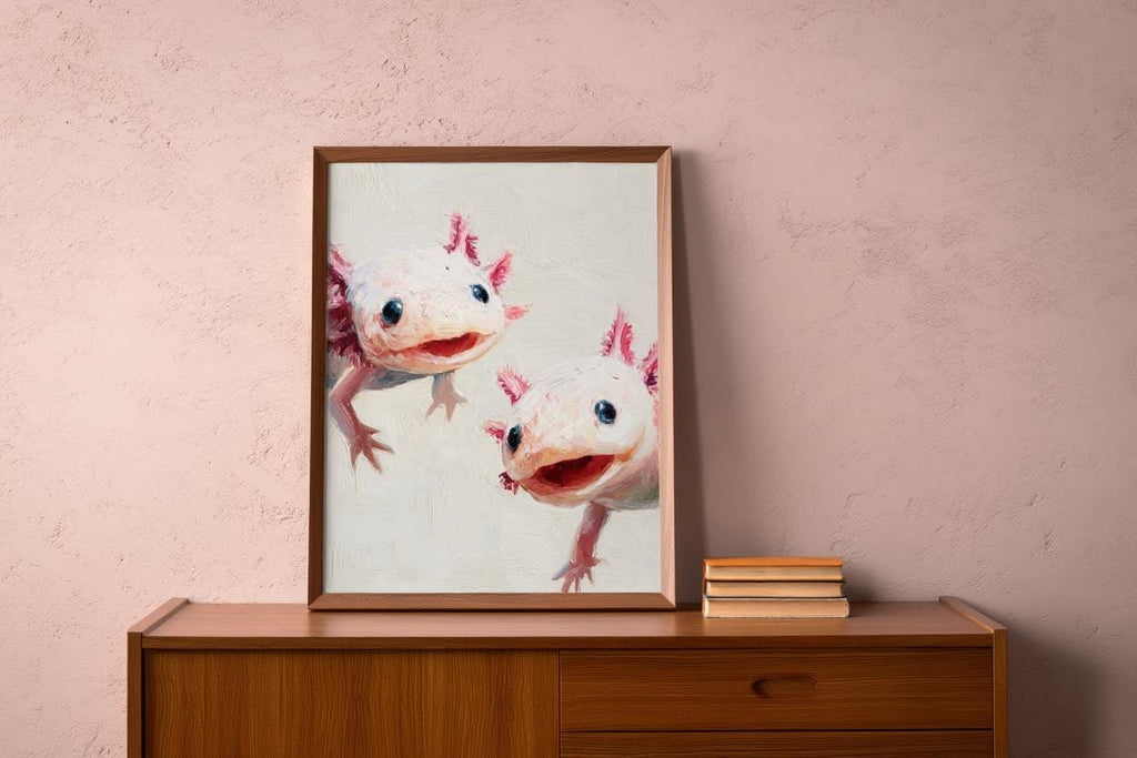 Whimsical Axolotl Oil Painting - Cute Axolotls Art Print - Pink Nursery Wall Art - Impressionist Peeking Animal Fine Art Poster