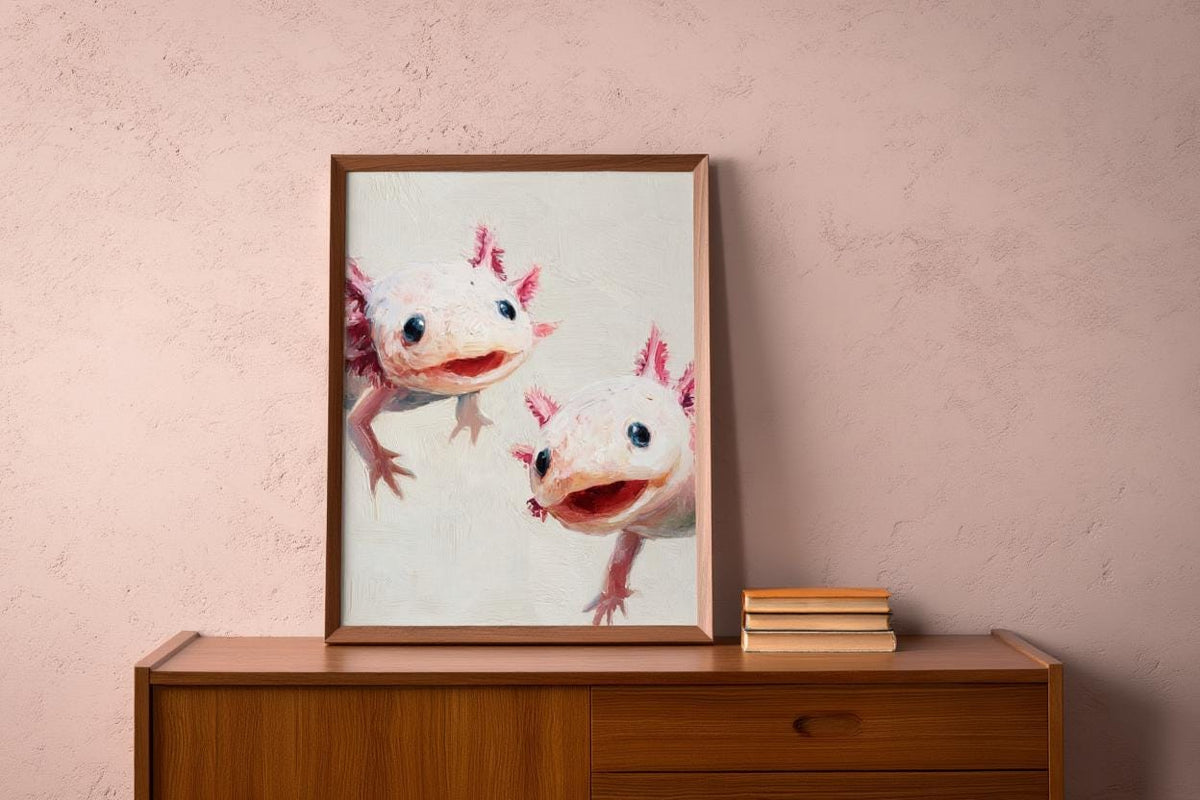 Whimsical Axolotl Oil Painting - Cute Axolotls Art Print - Pink Nursery Wall Art - Impressionist Peeking Animal Fine Art Poster