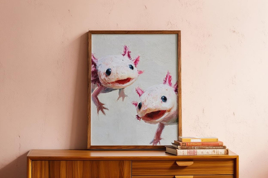 Whimsical Axolotl Oil Painting - Cute Axolotls Art Print - Pink Nursery Wall Art - Impressionist Peeking Animal Fine Art Poster
