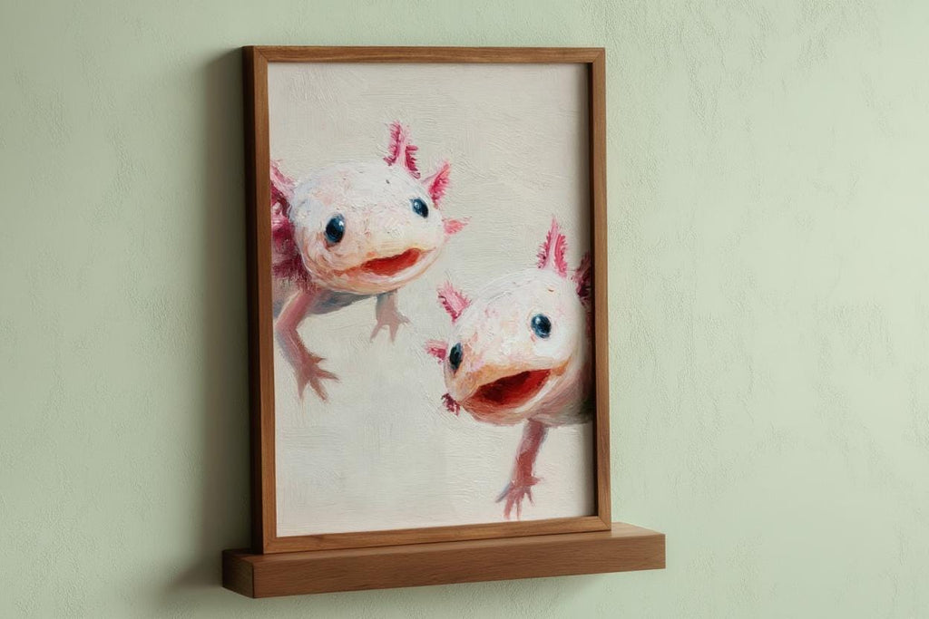 Whimsical Axolotl Oil Painting - Cute Axolotls Art Print - Pink Nursery Wall Art - Impressionist Peeking Animal Fine Art Poster