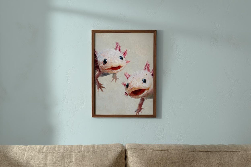 Whimsical Axolotl Oil Painting - Cute Axolotls Art Print - Pink Nursery Wall Art - Impressionist Peeking Animal Fine Art Poster