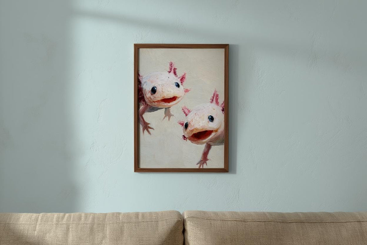 Whimsical Axolotl Oil Painting - Cute Axolotls Art Print - Pink Nursery Wall Art - Impressionist Peeking Animal Fine Art Poster