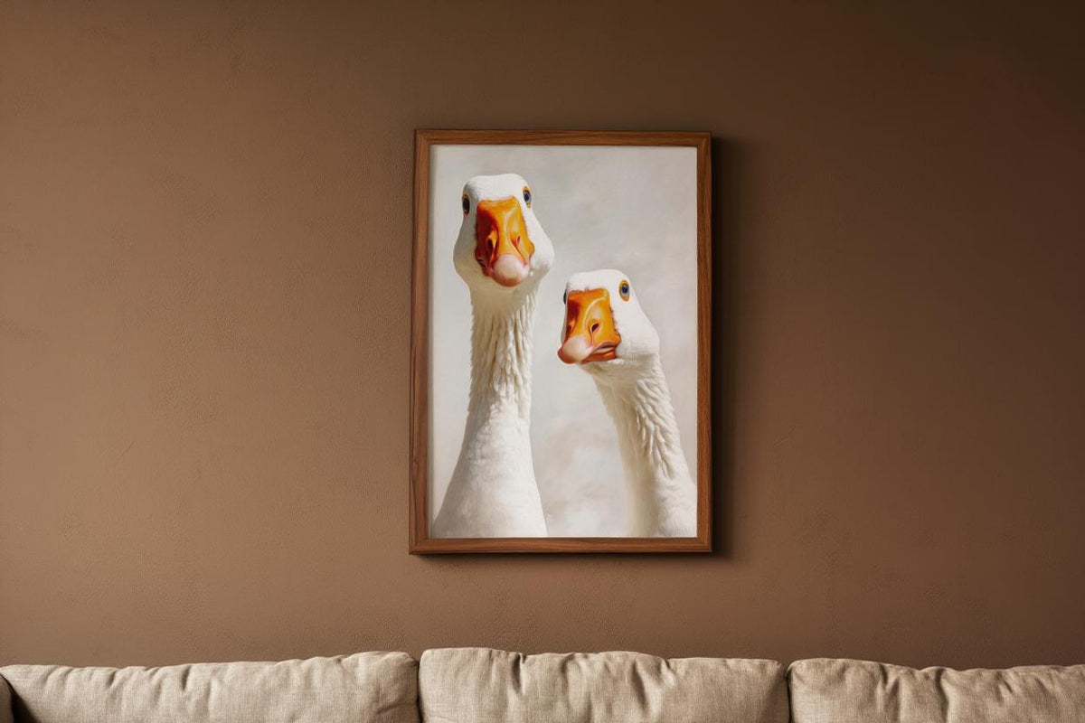 Silly Goose Wall Art, Curious Geese Oil Painting, Whimsical Farmhouse Decor, Peeking Farm Animal Nursery Print, Kitchen Bird Painting