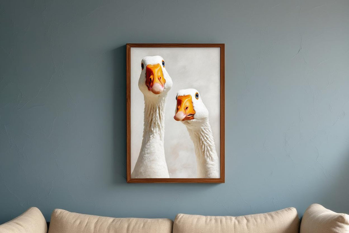 Silly Goose Wall Art, Curious Geese Oil Painting, Whimsical Farmhouse Decor, Peeking Farm Animal Nursery Print, Kitchen Bird Painting