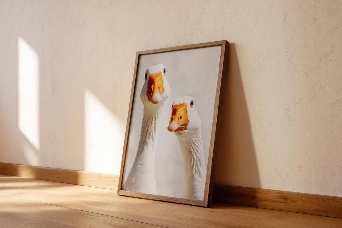 Silly Goose Wall Art, Curious Geese Oil Painting, Whimsical Farmhouse Decor, Peeking Farm Animal Nursery Print, Kitchen Bird Painting