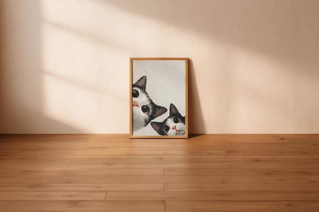 Baby Cat Wall Art, Funny Tuxedo Kitten Painting, Peeking Kitty Print, Minimalist Nursery Pet Portrait, Quirky Black & White Whimsical Decor