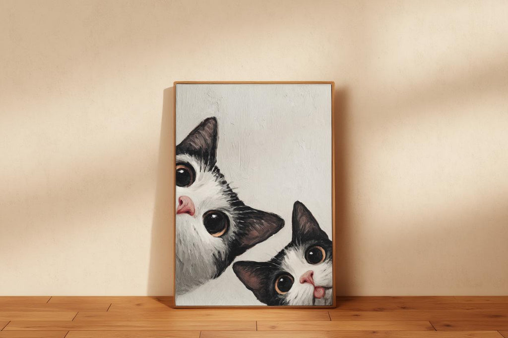 Baby Cat Wall Art, Funny Tuxedo Kitten Painting, Peeking Kitty Print, Minimalist Nursery Pet Portrait, Quirky Black & White Whimsical Decor
