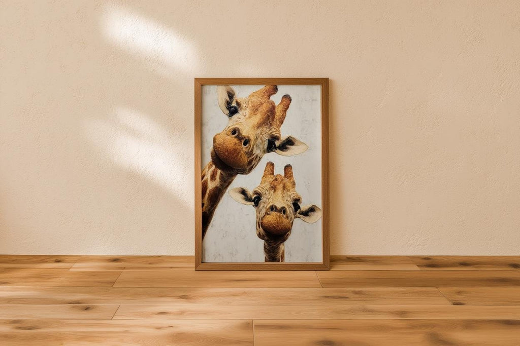 Giraffe Wall Art, Funny Safari Animal Painting, Whimsical Peeking Giraffes Print, Minimalist Wildlife Nursery Decor, Quirky Jungle Portrait