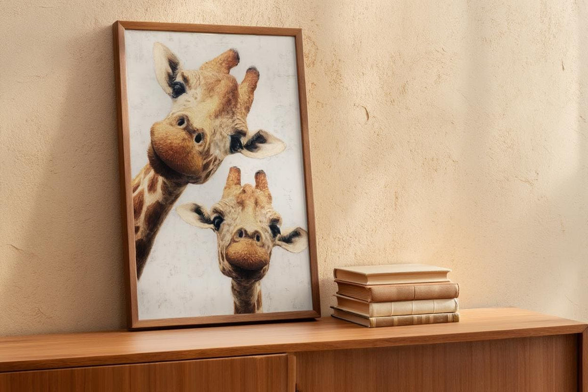 Giraffe Wall Art, Funny Safari Animal Painting, Whimsical Peeking Giraffes Print, Minimalist Wildlife Nursery Decor, Quirky Jungle Portrait