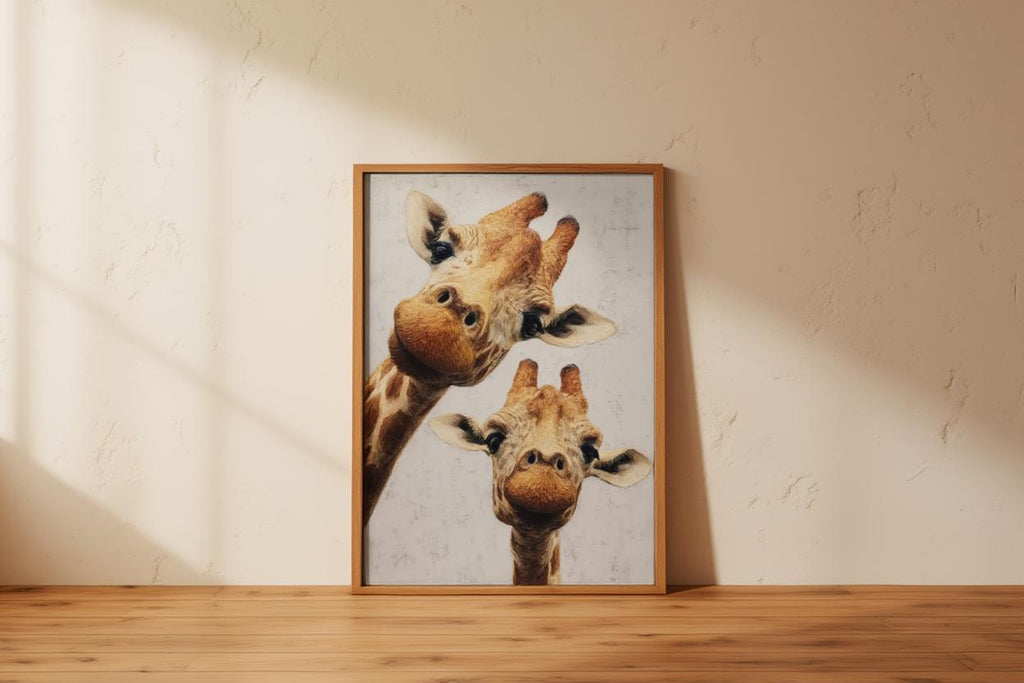 Giraffe Wall Art, Funny Safari Animal Painting, Whimsical Peeking Giraffes Print, Minimalist Wildlife Nursery Decor, Quirky Jungle Portrait