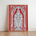 Tirupati Kalamkari Wall Art, Hindu God Venkateswara Print, Spiritual Traditional Indian Folk Art, Sacred Red & White Heritage Puja Decor