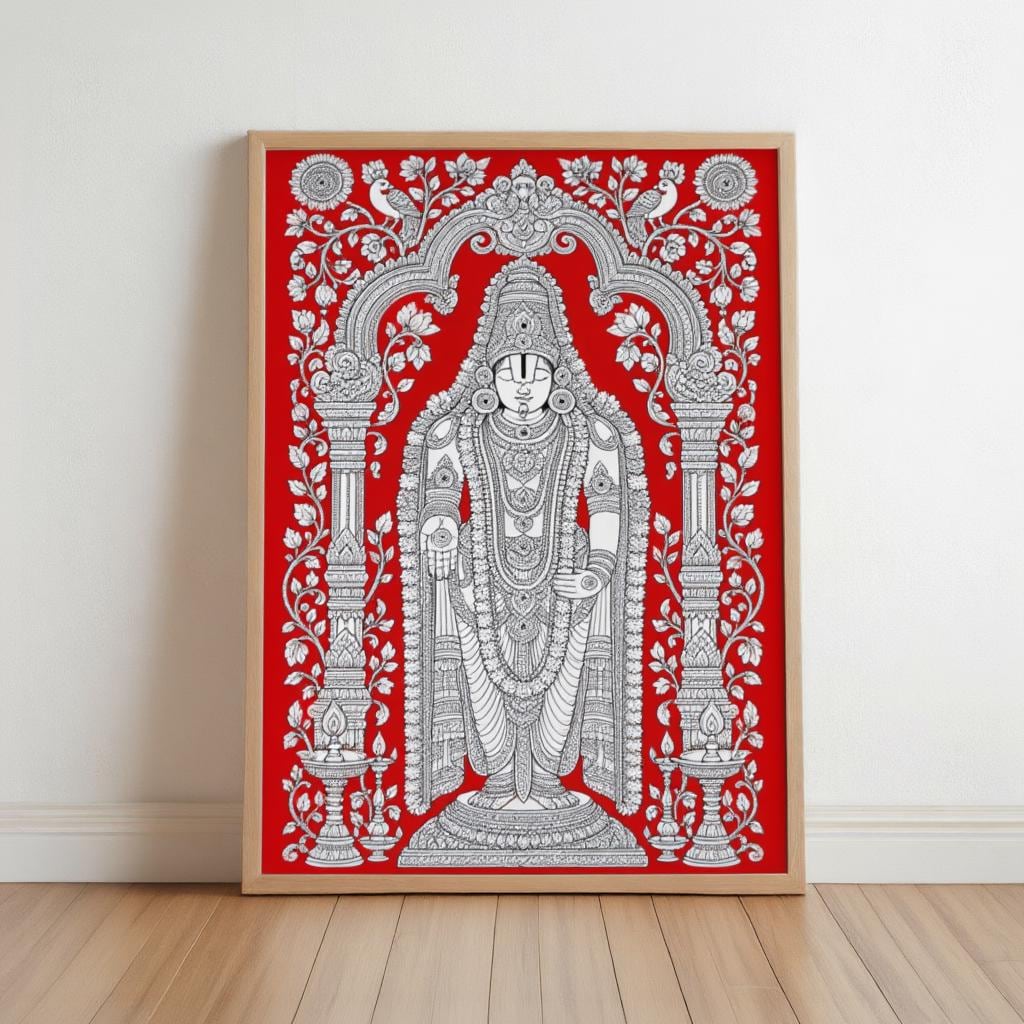 Tirupati Kalamkari Wall Art, Hindu God Venkateswara Print, Spiritual Traditional Indian Folk Art, Sacred Red & White Heritage Puja Decor