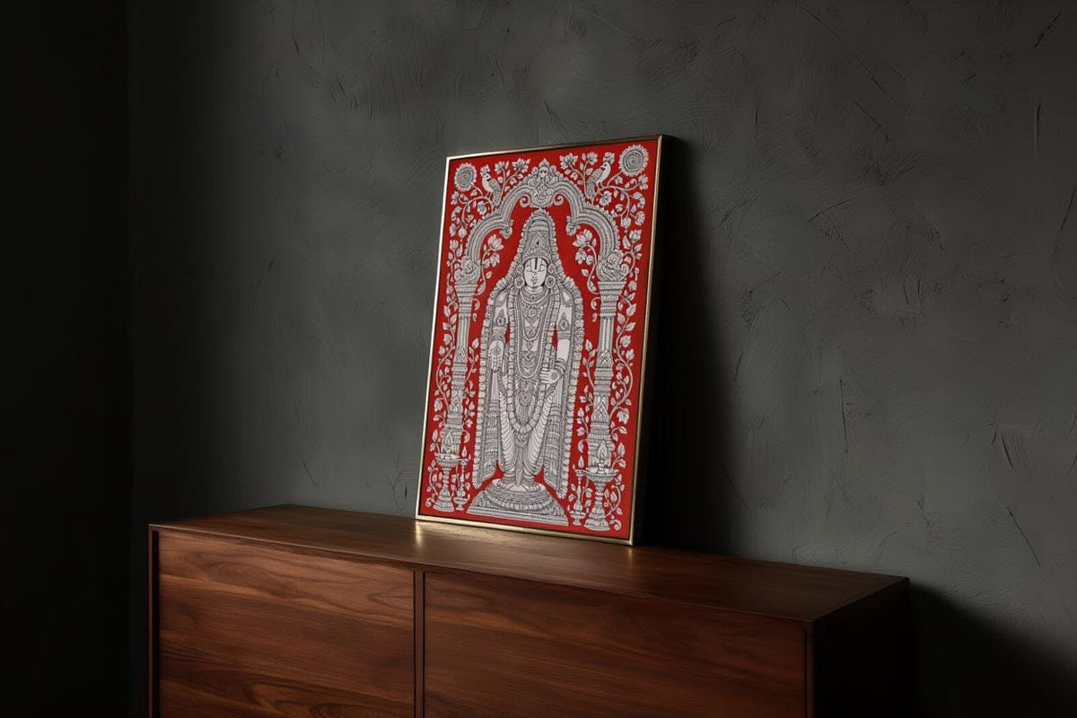 Tirupati Kalamkari Wall Art, Hindu God Venkateswara Print, Spiritual Traditional Indian Folk Art, Sacred Red & White Heritage Puja Decor