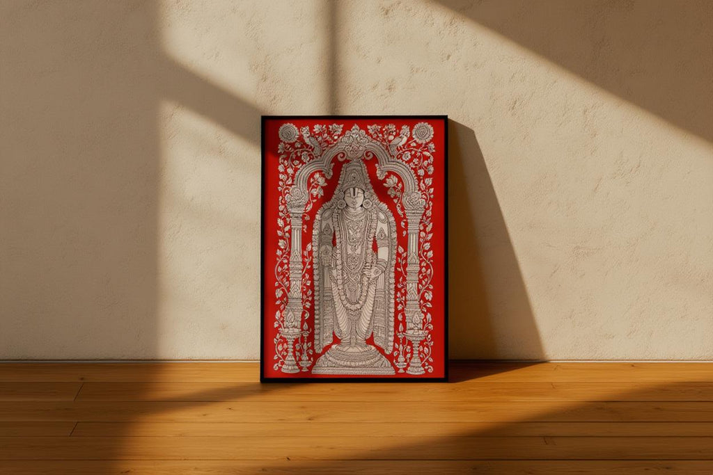 Tirupati Kalamkari Wall Art, Hindu God Venkateswara Print, Spiritual Traditional Indian Folk Art, Sacred Red & White Heritage Puja Decor