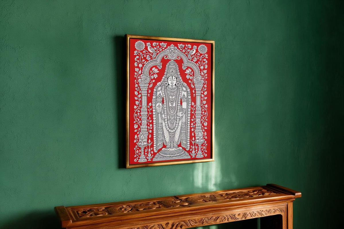 Tirupati Kalamkari Wall Art, Hindu God Venkateswara Print, Spiritual Traditional Indian Folk Art, Sacred Red & White Heritage Puja Decor
