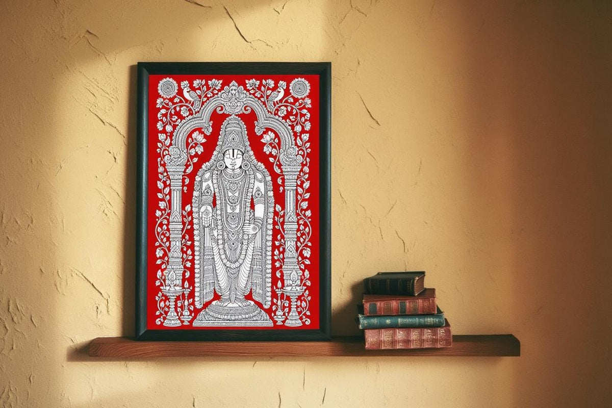 Tirupati Kalamkari Wall Art, Hindu God Venkateswara Print, Spiritual Traditional Indian Folk Art, Sacred Red & White Heritage Puja Decor