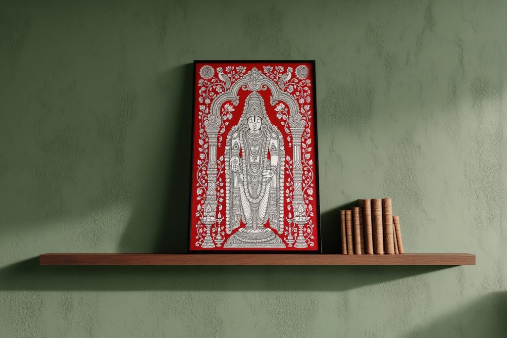 Tirupati Kalamkari Wall Art, Hindu God Venkateswara Print, Spiritual Traditional Indian Folk Art, Sacred Red & White Heritage Puja Decor