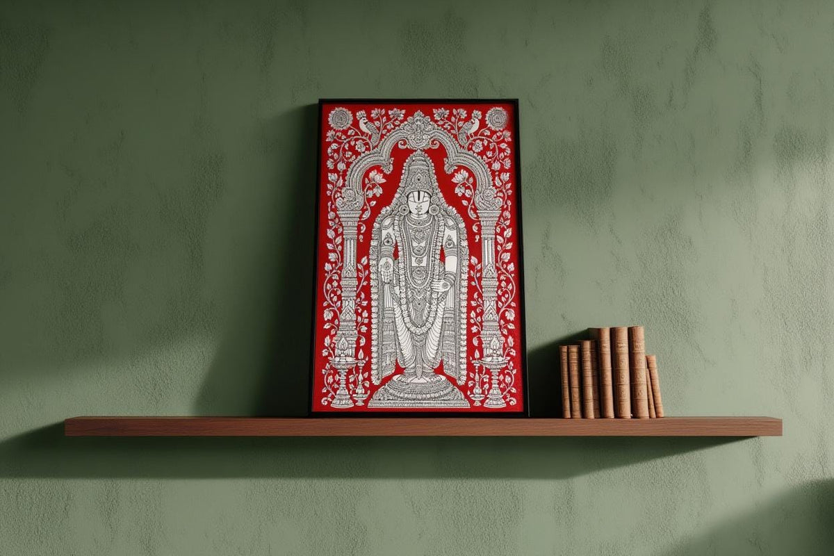 Tirupati Kalamkari Wall Art, Hindu God Venkateswara Print, Spiritual Traditional Indian Folk Art, Sacred Red & White Heritage Puja Decor