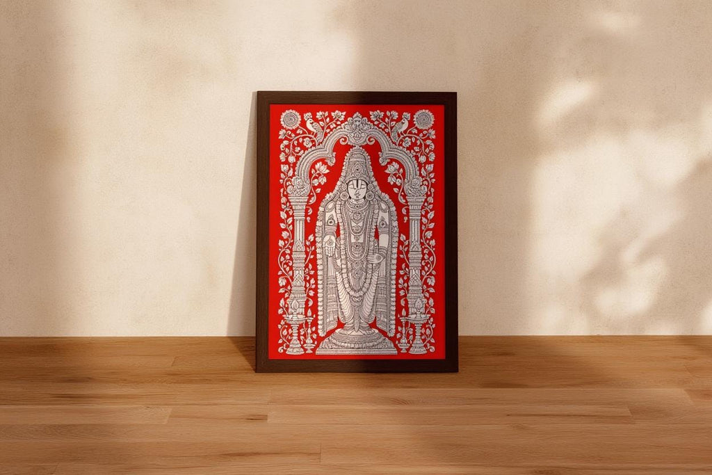 Tirupati Kalamkari Wall Art, Hindu God Venkateswara Print, Spiritual Traditional Indian Folk Art, Sacred Red & White Heritage Puja Decor