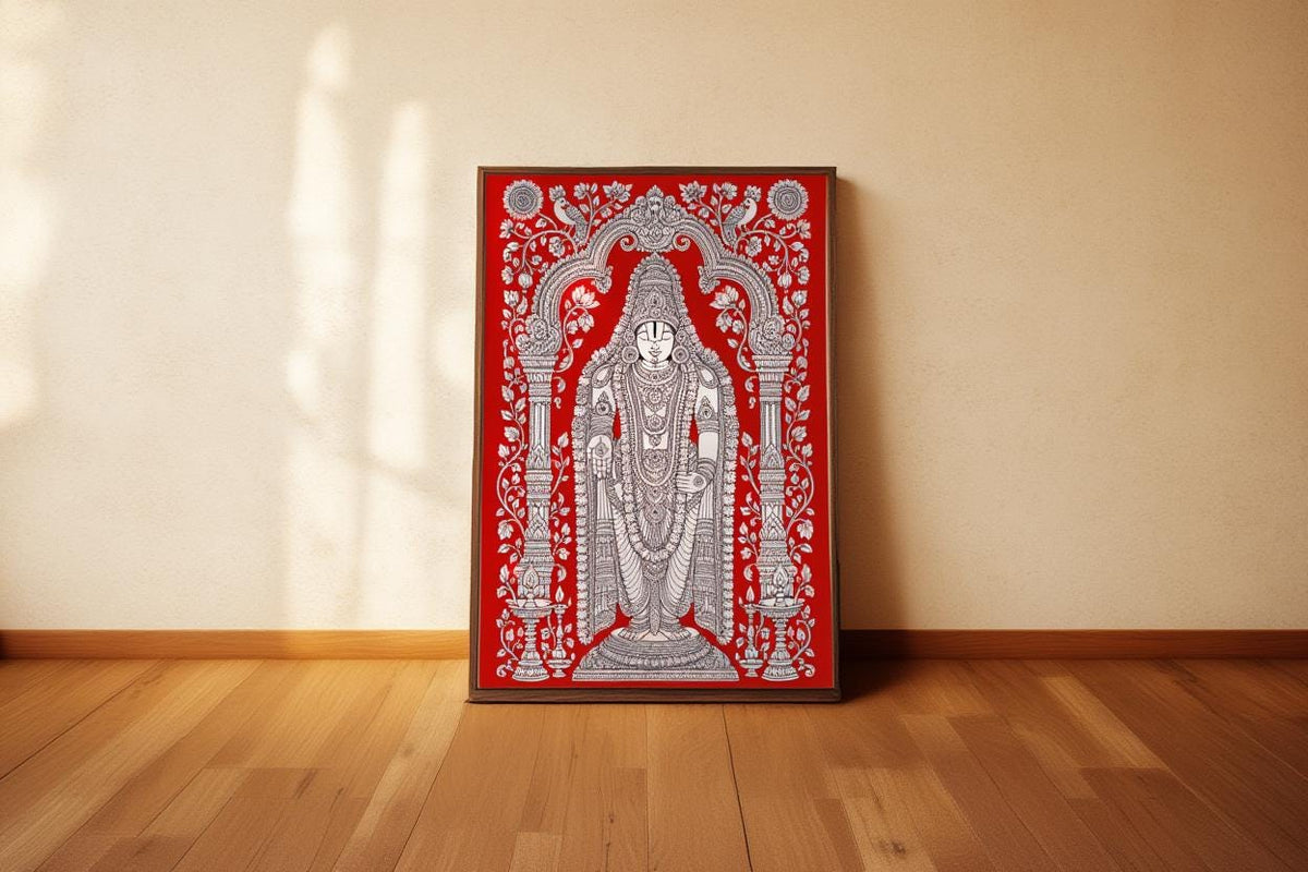 Tirupati Kalamkari Wall Art, Hindu God Venkateswara Print, Spiritual Traditional Indian Folk Art, Sacred Red & White Heritage Puja Decor