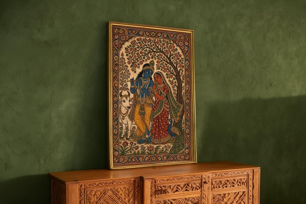 Radha Krishna Kalamkari Wall Art, Hindu God Love Painting, Indian Folk Art Print, Traditional India Home Decor, Sacred Peacock & Cow Poster