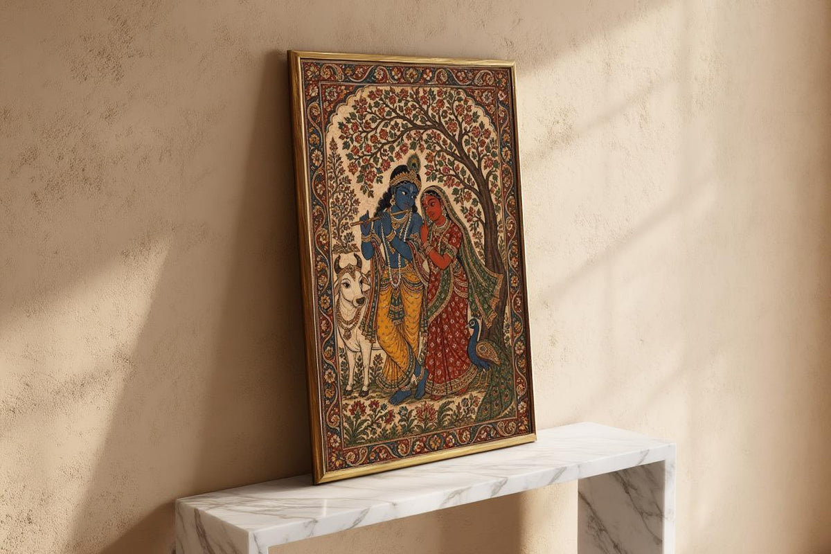 Radha Krishna Kalamkari Wall Art, Hindu God Love Painting, Indian Folk Art Print, Traditional India Home Decor, Sacred Peacock & Cow Poster