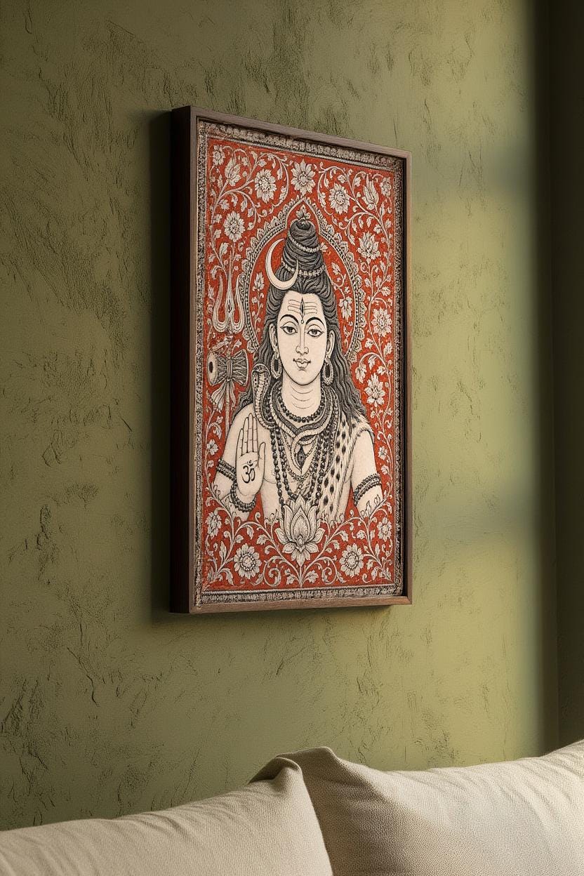 Lord Shiva Kalamkari Wall Art, Hindu God Painting, Traditional Indian Folk Art Print, Sacred Mahadev Portrait, Spiritual Yoga Studio Decor