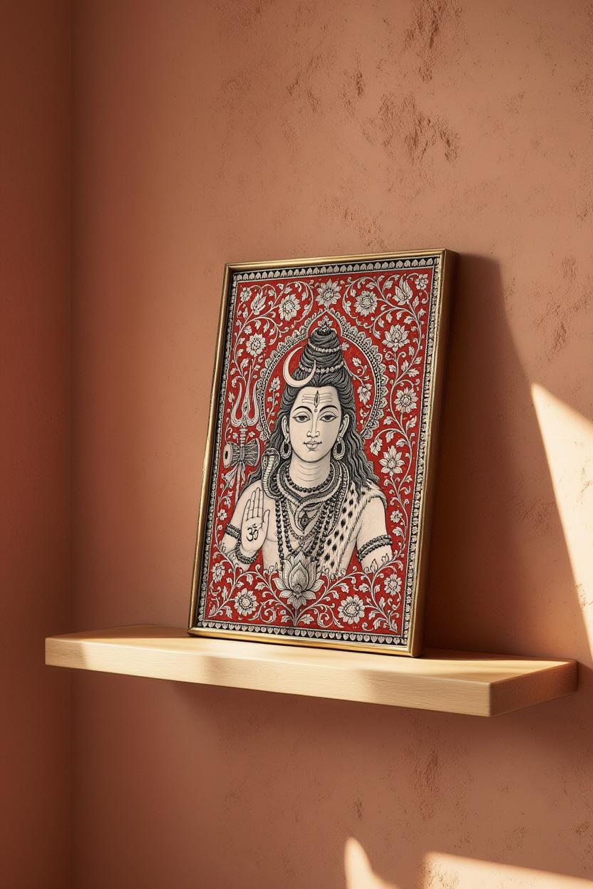 Lord Shiva Kalamkari Wall Art, Hindu God Painting, Traditional Indian Folk Art Print, Sacred Mahadev Portrait, Spiritual Yoga Studio Decor