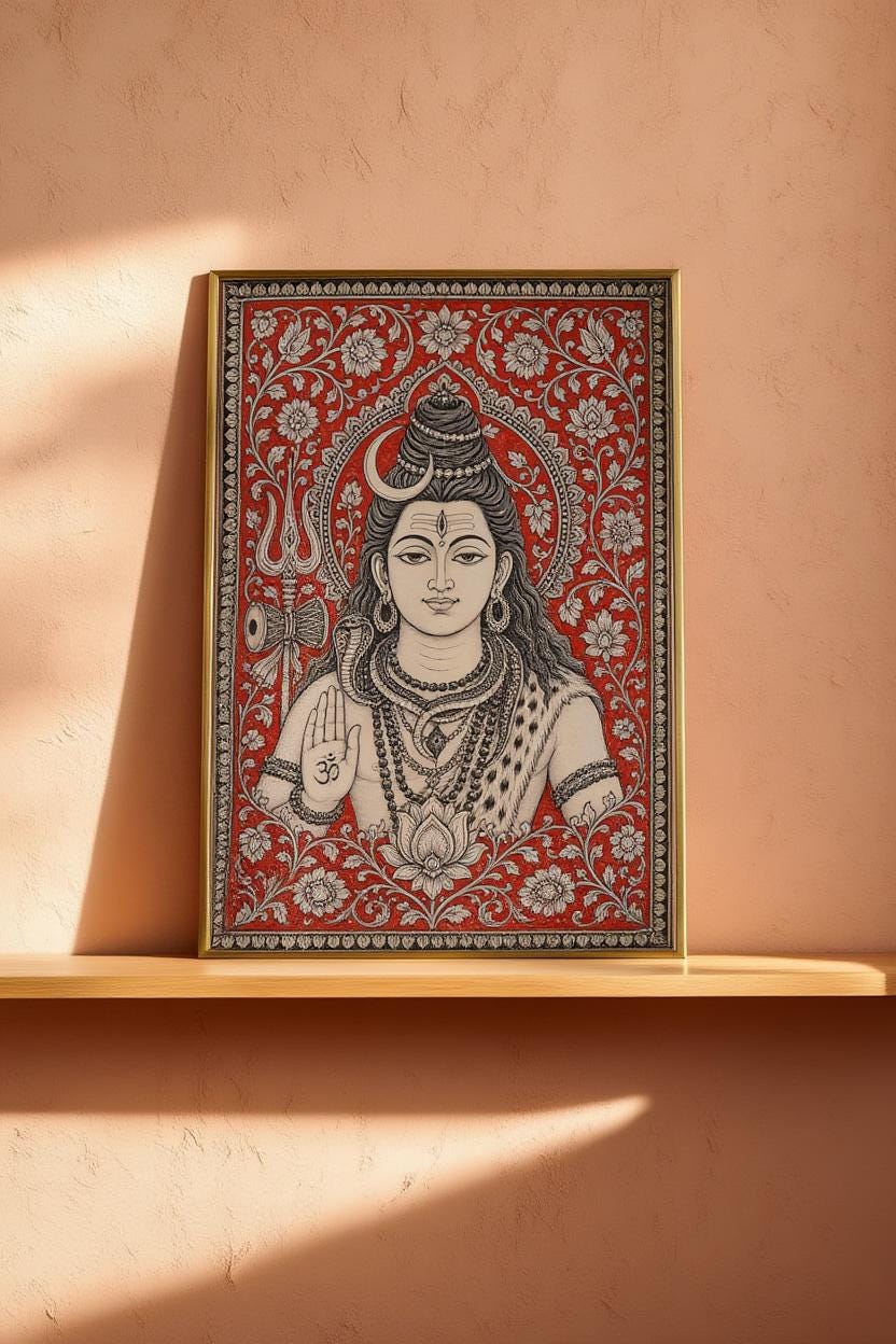 Lord Shiva Kalamkari Wall Art, Hindu God Painting, Traditional Indian Folk Art Print, Sacred Mahadev Portrait, Spiritual Yoga Studio Decor