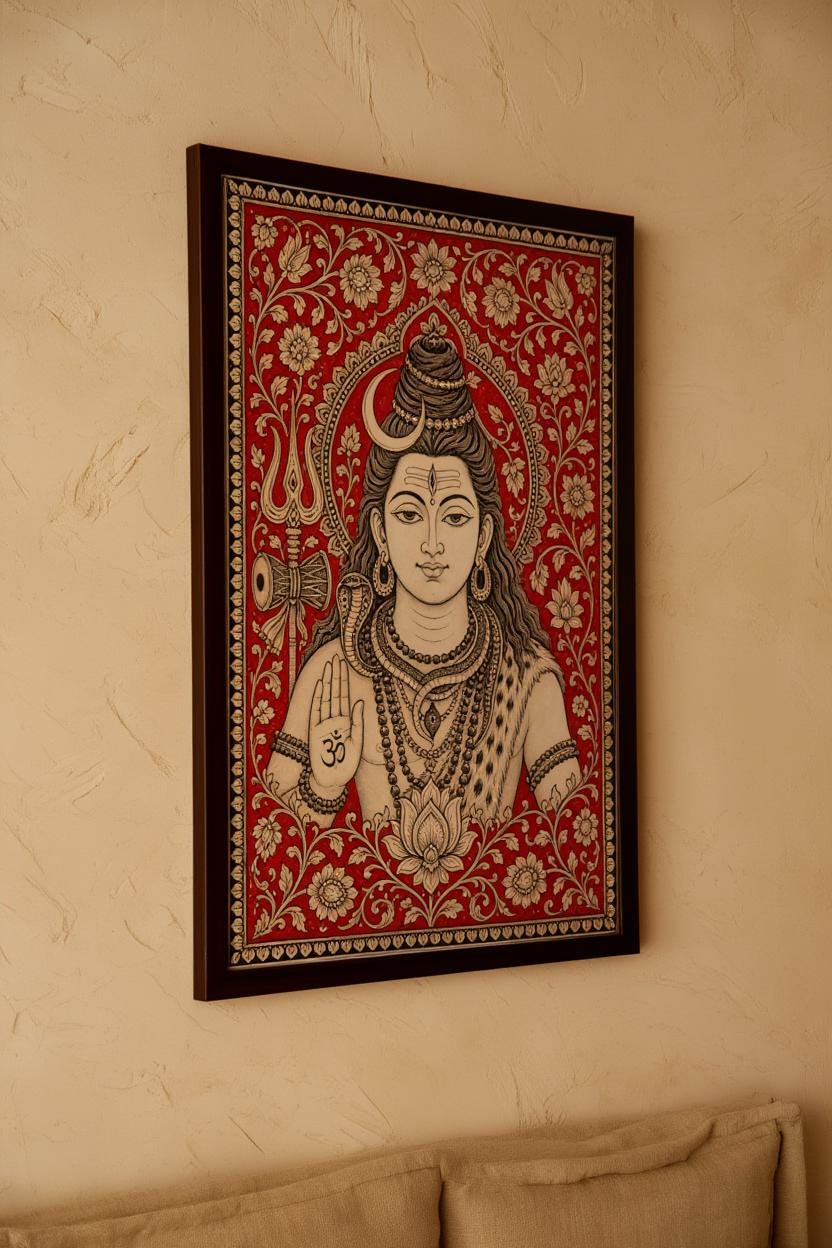 Lord Shiva Kalamkari Wall Art, Hindu God Painting, Traditional Indian Folk Art Print, Sacred Mahadev Portrait, Spiritual Yoga Studio Decor