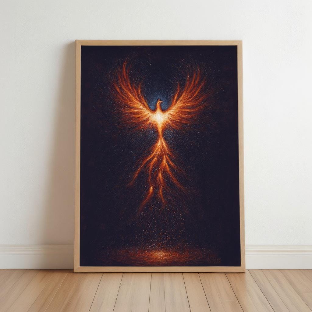 Rising Phoenix Wall Art, Fantasy Fire Bird Print, Mythological Creature Poster, Cosmic Firebird Painting