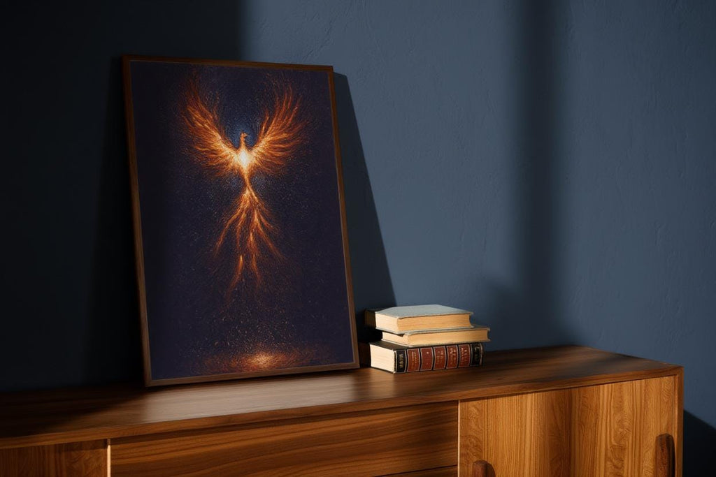 Rising Phoenix Wall Art, Fantasy Fire Bird Print, Mythological Creature Poster, Cosmic Firebird Painting