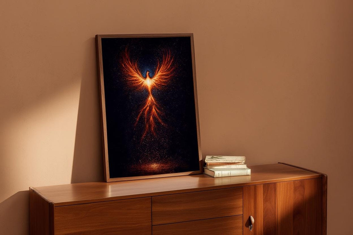 Rising Phoenix Wall Art, Fantasy Fire Bird Print, Mythological Creature Poster, Cosmic Firebird Painting