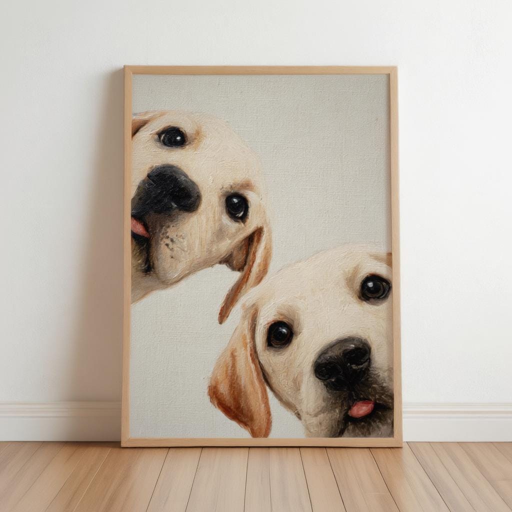 Labrador Puppies Oil Painting, Whimsical Dog Art, Peeking Pups Print