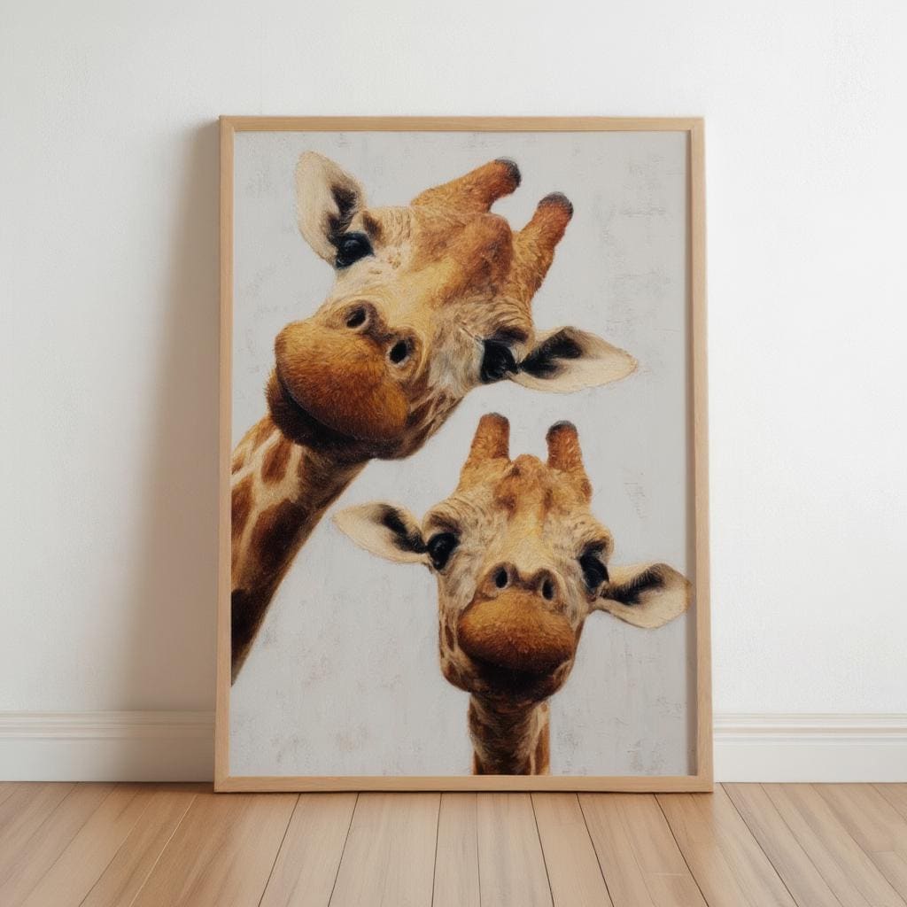 Giraffe Wall Art, Funny Safari Animal Painting, Whimsical Peeking Giraffes Print, Minimalist Wildlife Nursery Decor, Quirky Jungle Portrait