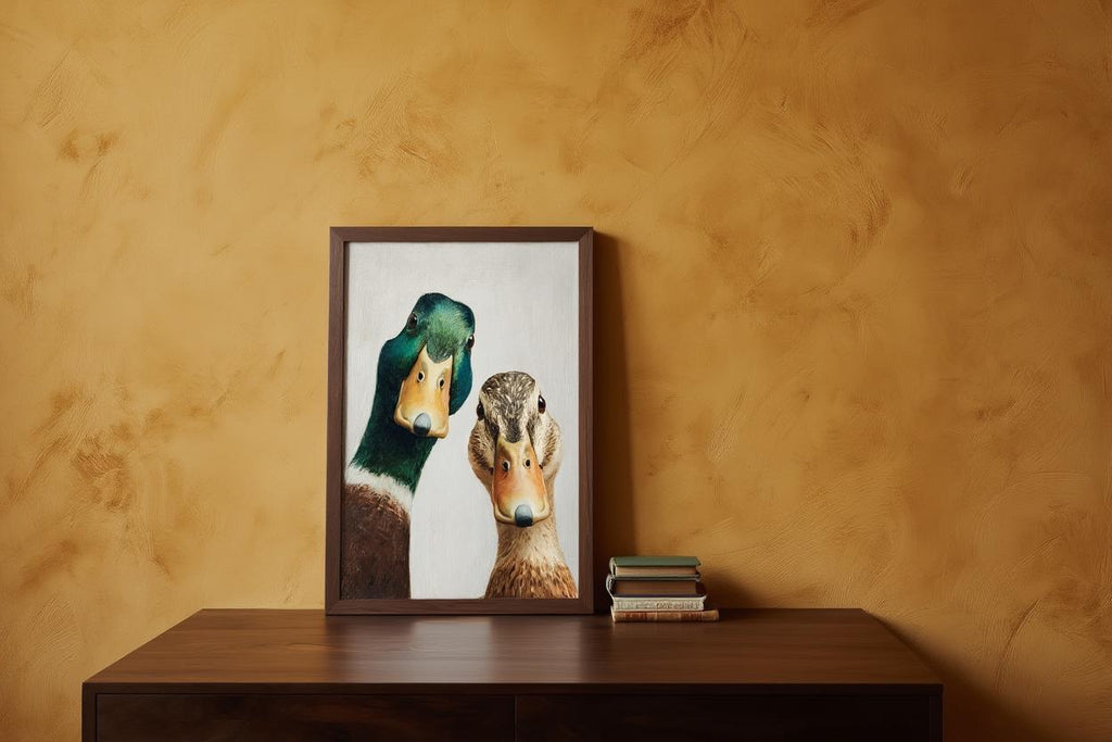 Whimsical Duck Art Print, Mid Century Retro Painting, Mallard Pair Portrait, Funny Animal Wall Art, Quirky Kitchen Decor, Rustic Bird Poster