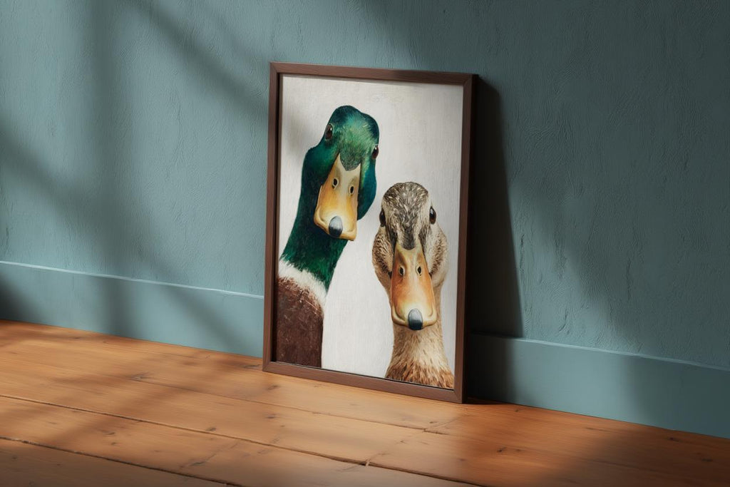 Whimsical Duck Art Print, Mid Century Retro Painting, Mallard Pair Portrait, Funny Animal Wall Art, Quirky Kitchen Decor, Rustic Bird Poster