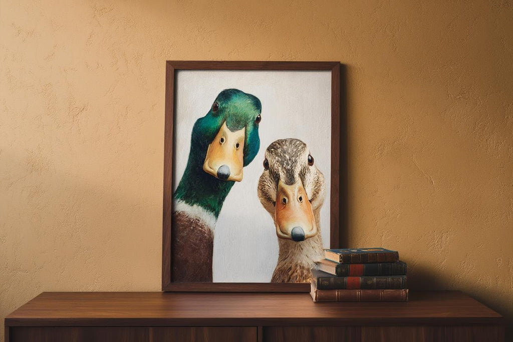 Whimsical Duck Art Print, Mid Century Retro Painting, Mallard Pair Portrait, Funny Animal Wall Art, Quirky Kitchen Decor, Rustic Bird Poster