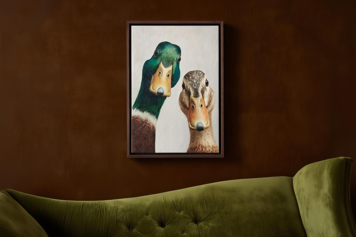 Whimsical Duck Art Print, Mid Century Retro Painting, Mallard Pair Portrait, Funny Animal Wall Art, Quirky Kitchen Decor, Rustic Bird Poster