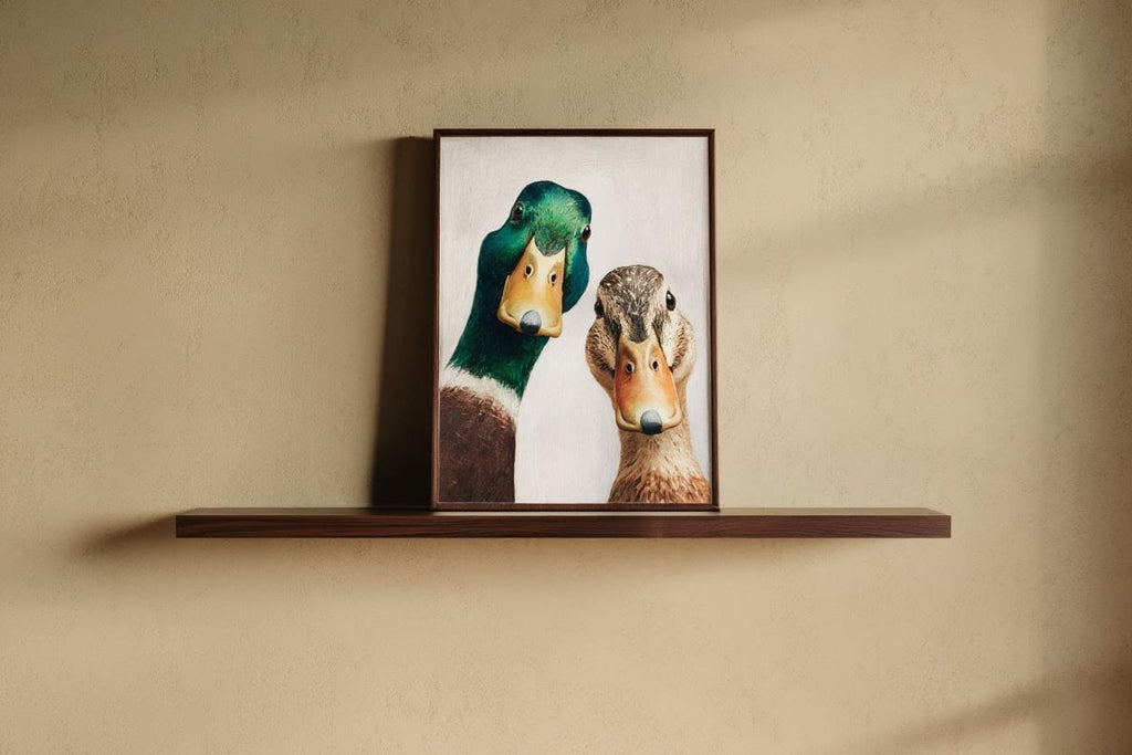 Whimsical Duck Art Print, Mid Century Retro Painting, Mallard Pair Portrait, Funny Animal Wall Art, Quirky Kitchen Decor, Rustic Bird Poster