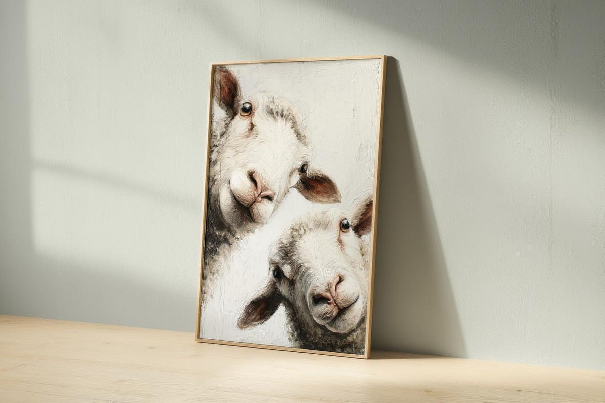 Whimsical Sheep Wall Art, Funny Lamb Oil Painting, Farmhouse Animal Art Print, Minimalist Countryside Portrait, Rustic Pastoral Decor