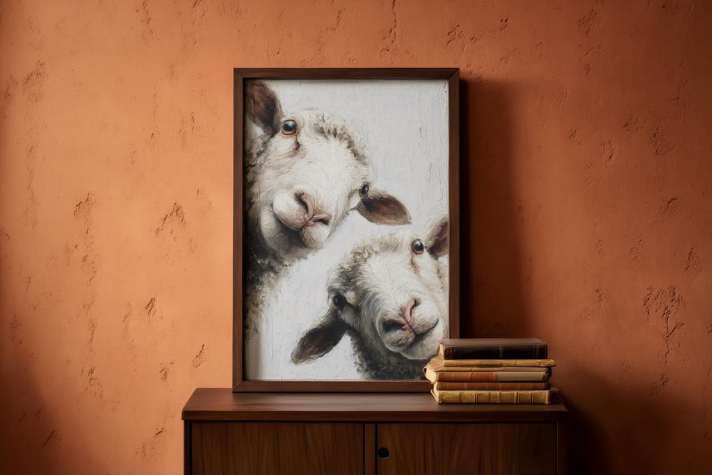 Whimsical Sheep Wall Art, Funny Lamb Oil Painting, Farmhouse Animal Art Print, Minimalist Countryside Portrait, Rustic Pastoral Decor