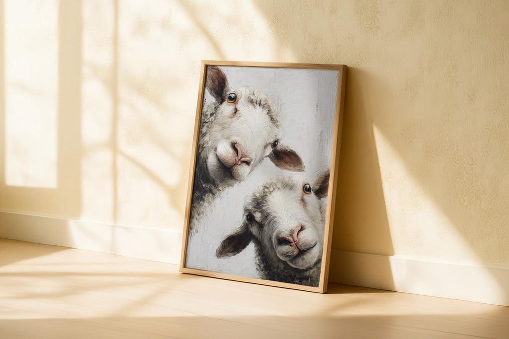 Whimsical Sheep Wall Art, Funny Lamb Oil Painting, Farmhouse Animal Art Print, Minimalist Countryside Portrait, Rustic Pastoral Decor